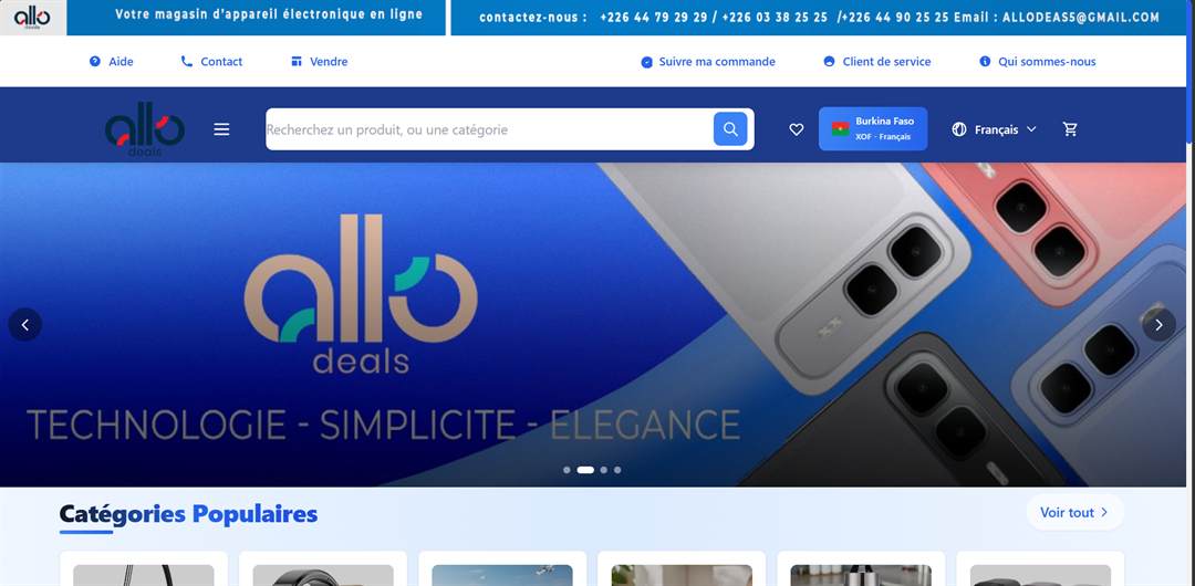 Page d'accueil d'Allo Deals : recherche, sélecteur Burkina Faso XOF et bannière produits
