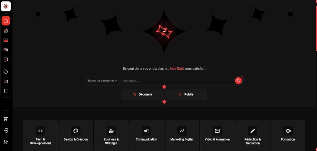 Page d'accueil d'Inov Digit : recherche par catégorie et huit domaines de services