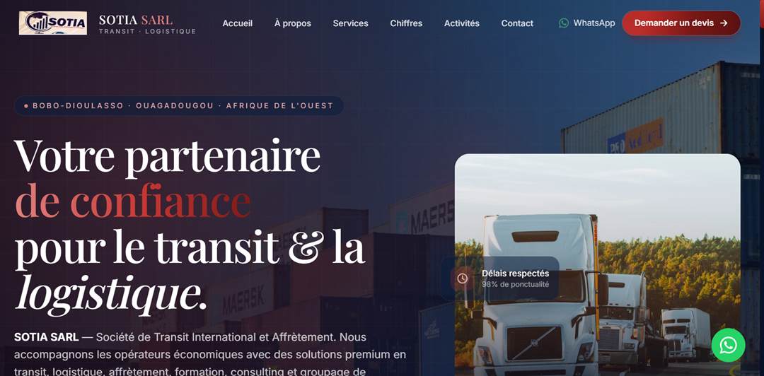 Page d'accueil de SOTIA SARL sur fond de conteneurs